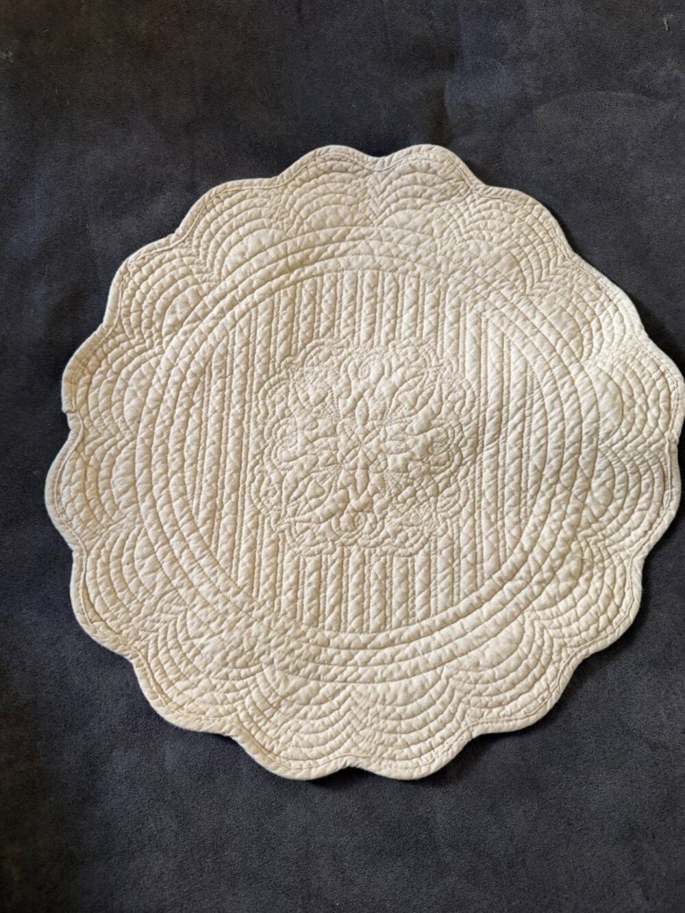 Vintage Set Of 5 Quilted Ivory Round Placemats With Scalloped Edges 16-Inch Diam